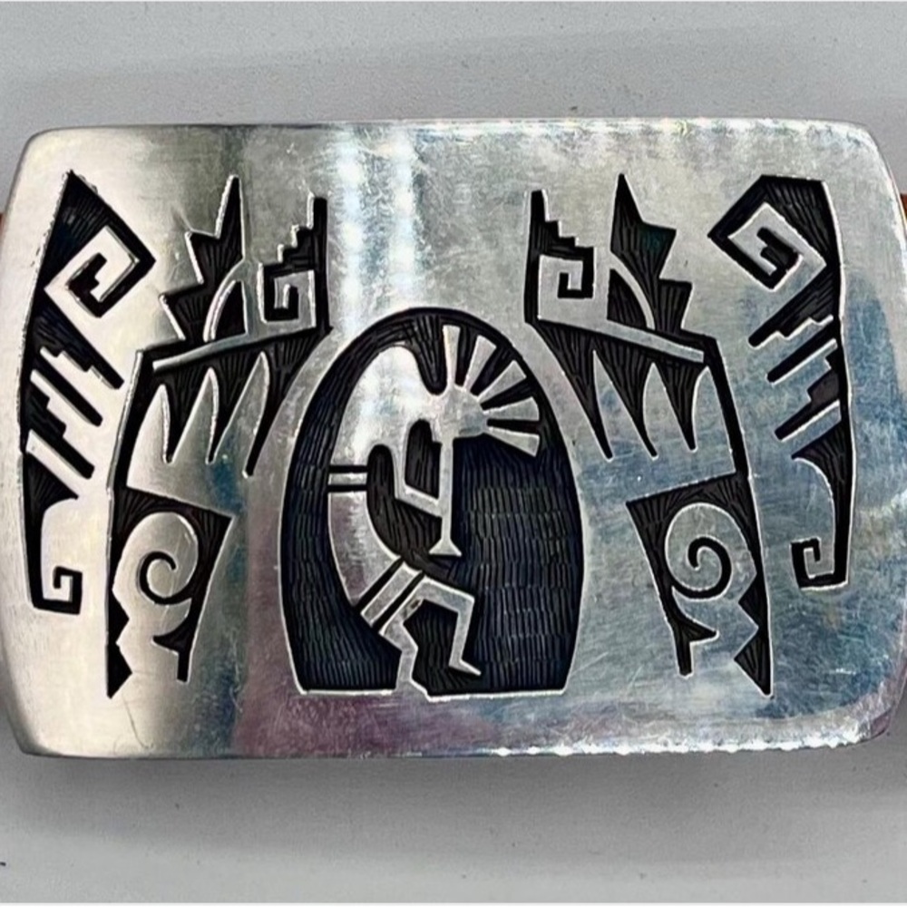 Rare ! Important Hopi " Kokopelli " sterling silver inlay buckle, NOS